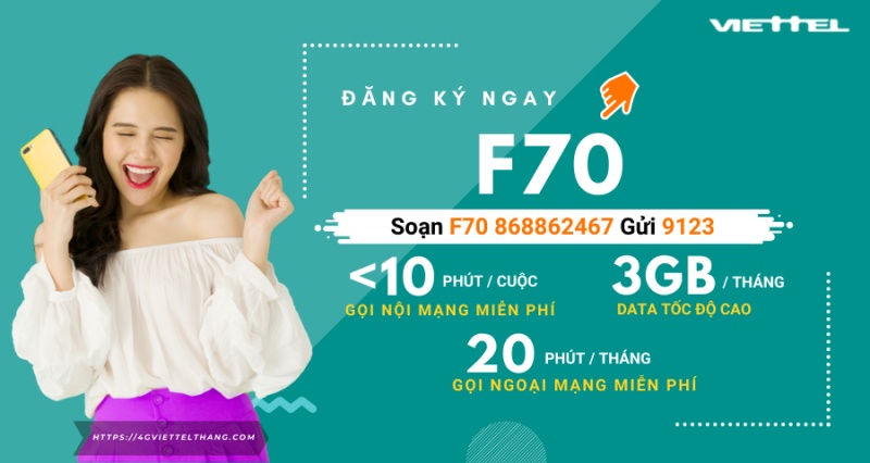 Đăng ký mạng Viettel 70k 1 tháng với gói F70